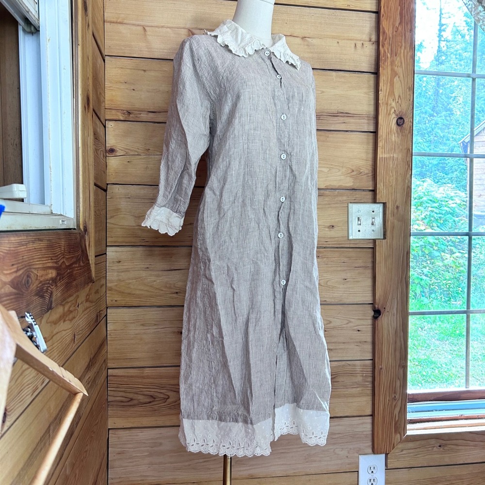 Linen Ticking Stripe Prairie Dress Women Large Tan Eyelet Lace Cottagecore u.ni